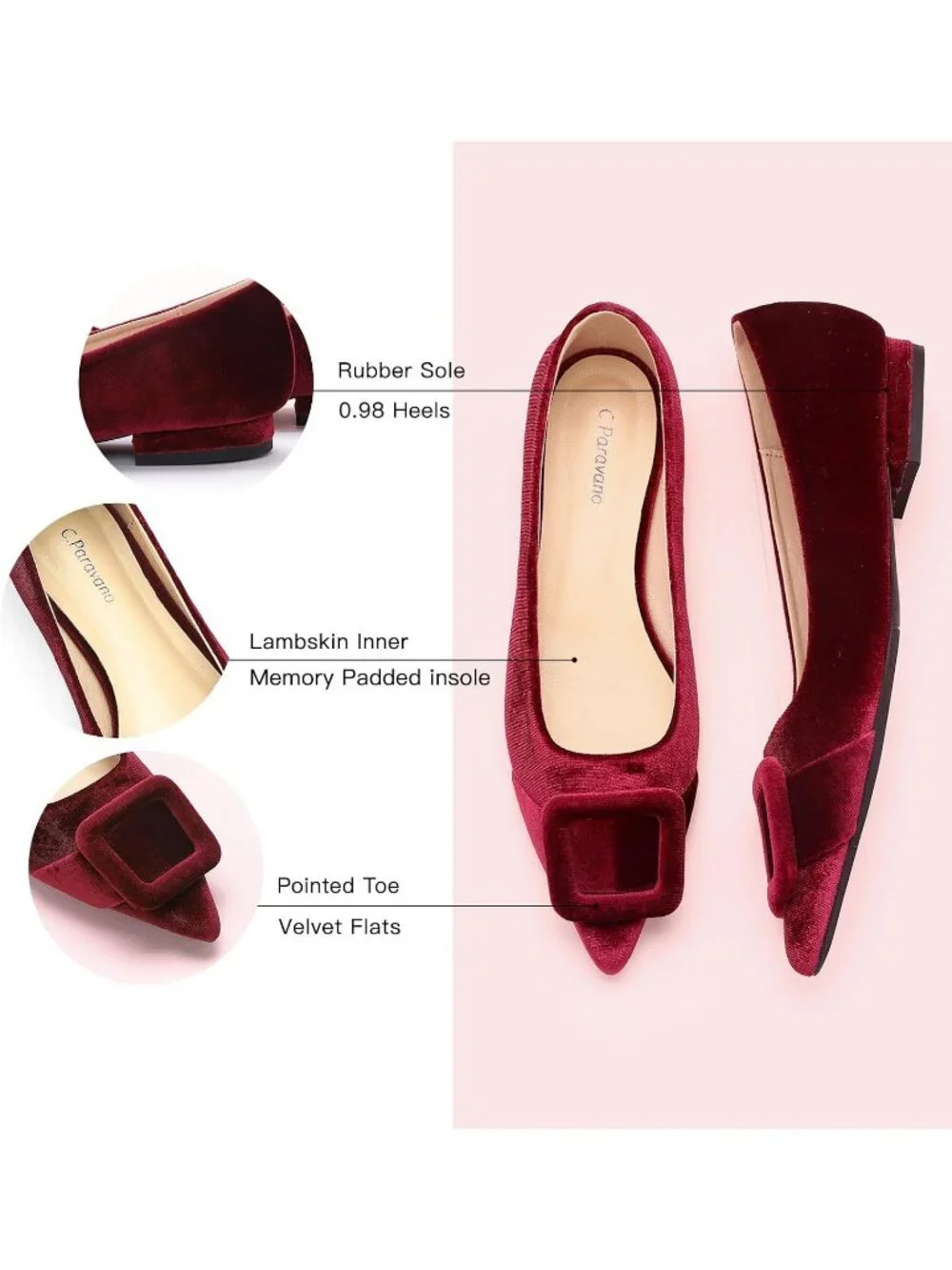 Women's Velvet Claret Pointed Toe Square Buckle Flats Slip-On Comfortable Shoes